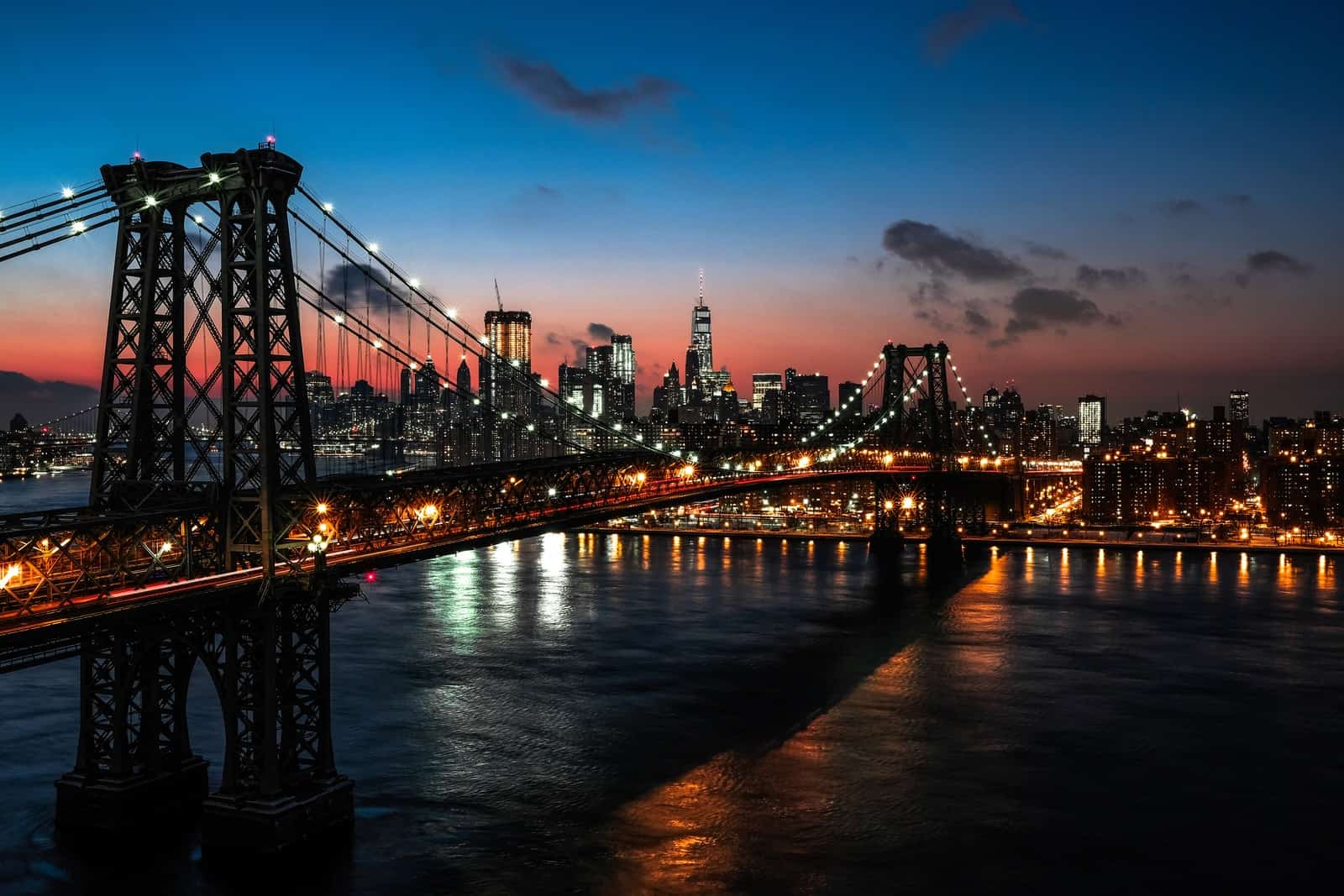 lighted cable bridge near high-rise buildings