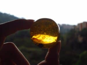 person holding gold round ornament