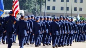 parade of troop in blue formal attire