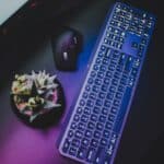 From above of modern wireless keyboard with colorful backlit placed near mouse and potted succulent near monitor